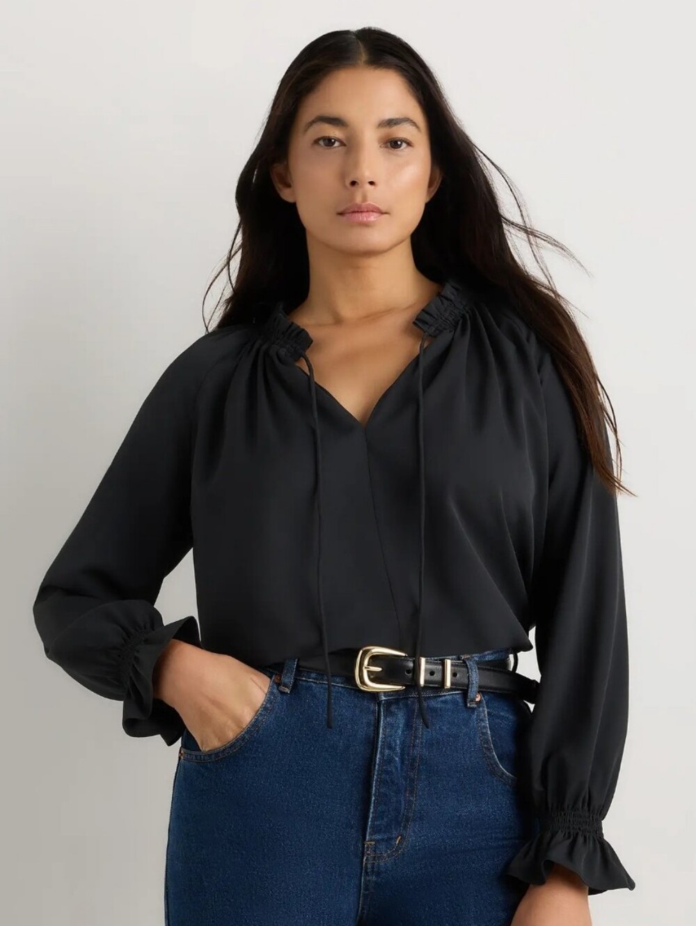 Quince Black Long-Sleeve Ruffled Neck Blouse